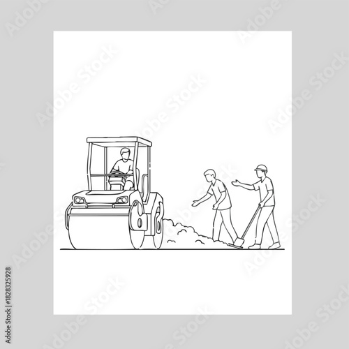 A line art illustration showcases construction workers diligently operating a heavy road roller and manually leveling ground, symbolizing essential infrastructure development.