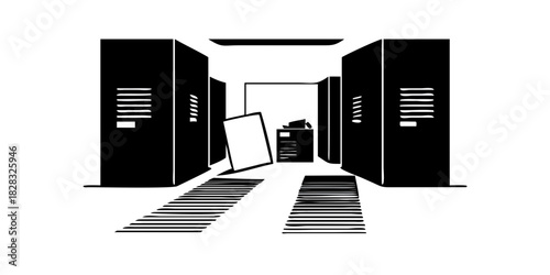 Documents left behind in a shadowy office hallway; business intr.