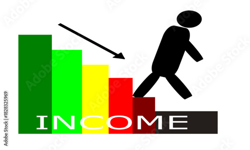 A vector illustration of a person walking down an income decline staircase, symbolizing financial loss, decreased revenue, and economic downturn in a clean modern graphic style