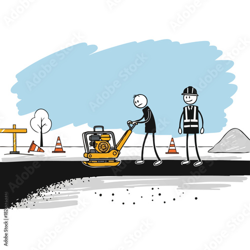 A pair of stick figure workers diligently compacting asphalt on a new road construction site, emphasizing teamwork and safety protocols.