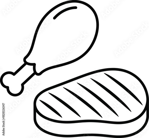 Line art icon of a grilled steak and chicken drumstick, representing meat, poultry, barbecue, cooking, and food industry. simple food pictogram.