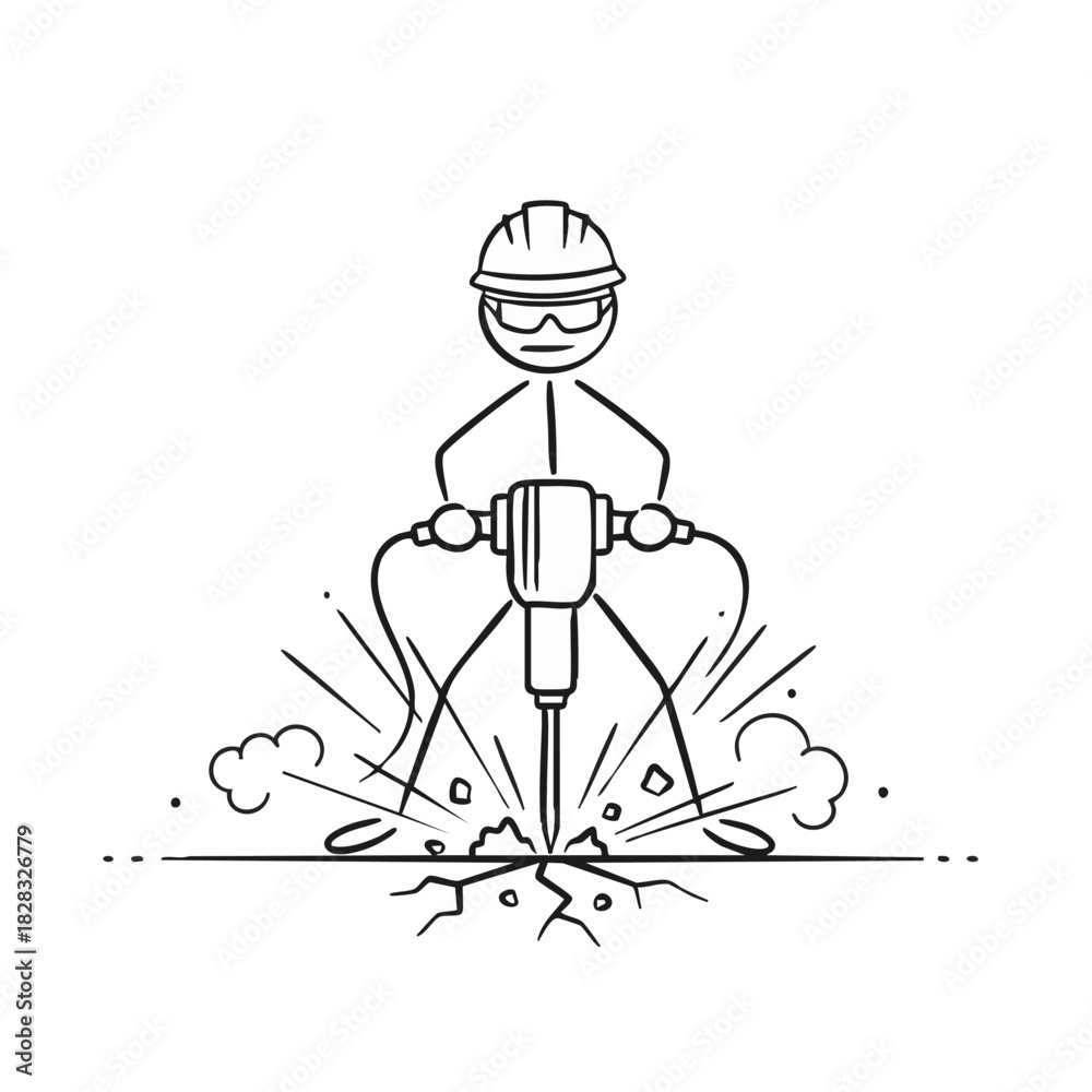 Naklejka premium A focused stick figure construction worker, wearing a hard hat and safety glasses, diligently operates a powerful jackhammer, breaking up the ground with significant force.