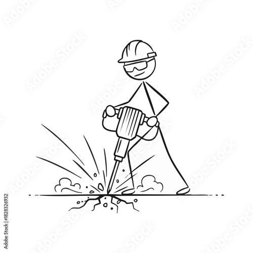 A determined stick figure construction worker, wearing a hard hat and safety glasses, diligently operates a powerful jackhammer, breaking concrete.