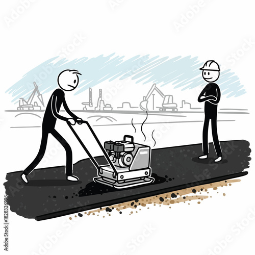 A stick figure worker diligently operates a plate compactor to lay fresh asphalt while a supervisor observes the ongoing road construction project.