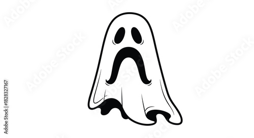 Simple black and white line art illustration of a spooky but cute ghost with a mustache, perfect for Halloween coloring pages.