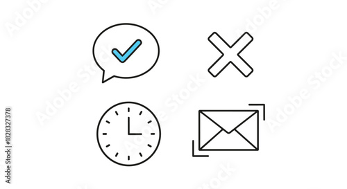 Set of four simple and modern business line icons: a checkmark in a speech bubble, a cross, a clock, and an envelope.