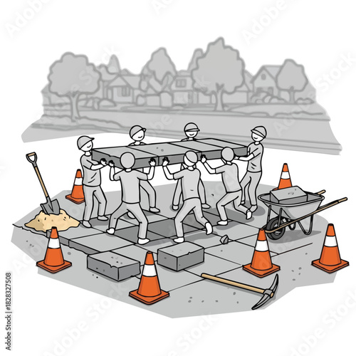 Illustration of a diligent construction crew working together to carefully install concrete pavers, surrounded by essential tools and safety cones.