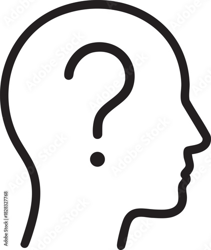 A simple line drawing depicting a human head in profile with a question mark inside it