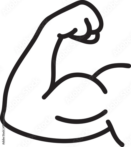 A simple black and white line drawing depicts a flexed bicep muscle representing strength and power