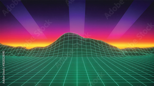 Retro futuristic mountain landscape with neon grid and purple beams