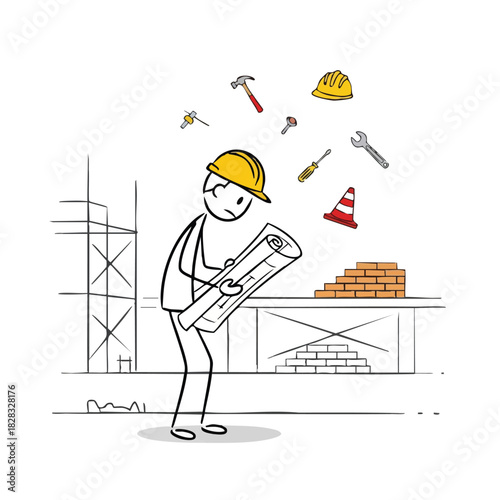 A cartoon construction worker in a hard hat carefully reviews blueprints, surrounded by essential building tools and materials, symbolizing project planning.