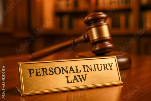 Horizontal photo of a gold nameplate reading “Personal Injury Law” placed on a polished courtroom desk with a judge’s gavel resting in the background, captured in dramatic lighting to convey justice