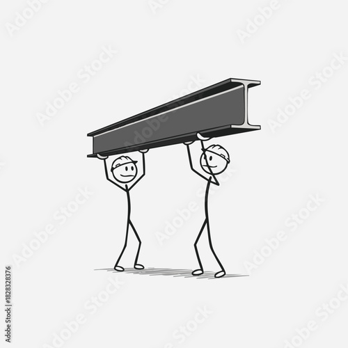 Two cheerful stick figures demonstrate strong teamwork and collaboration by lifting a heavy steel I-beam together, symbolizing construction and shared effort.