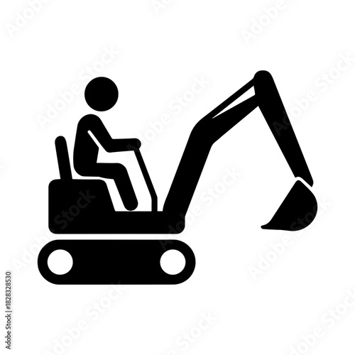 Vector icon of a stick figure operating an excavator. Ideal for construction, machinery operation, and engineering projects. Simple minimalist design on transparent background.