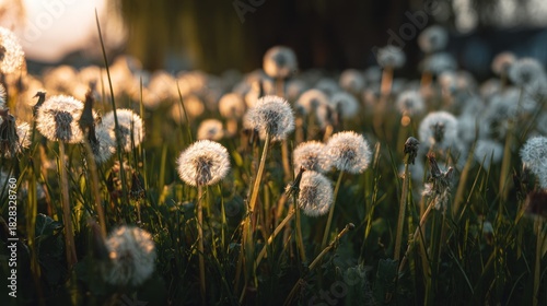Dandelion Field at Sunset - A Serene Meadow of Seed Heads.