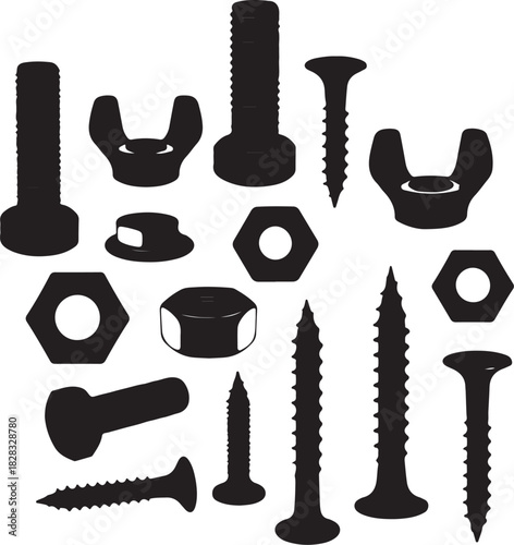 PrintCollection of assorted black metal fasteners including bolts nuts and screws
