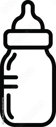 Baby bottle line art icon with nipple, a simple graphic representing infant feeding, childcare, parental care, and baby nutrition.