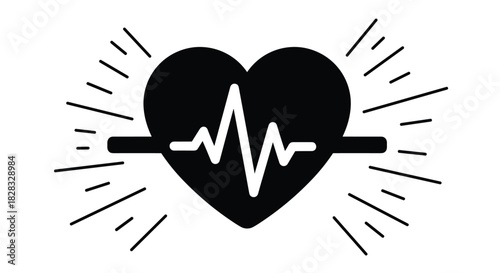 Black heart icon with a white electrocardiogram line through the center and radiating lines, symbolizing health and heartbeat.