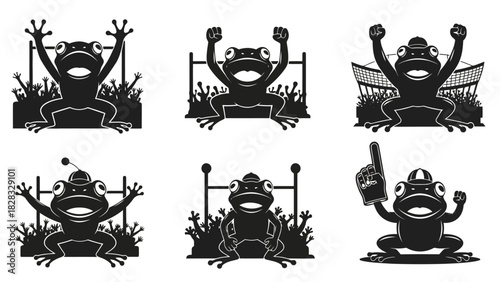 Frog fan collection isolated on white background, frogs cheering in sports stadium, funny animal character as sports enthusiast, vector cartoon illustration