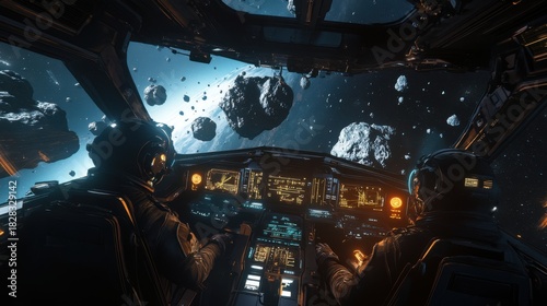 Astronauts piloting a spacecraft navigating through an asteroid field