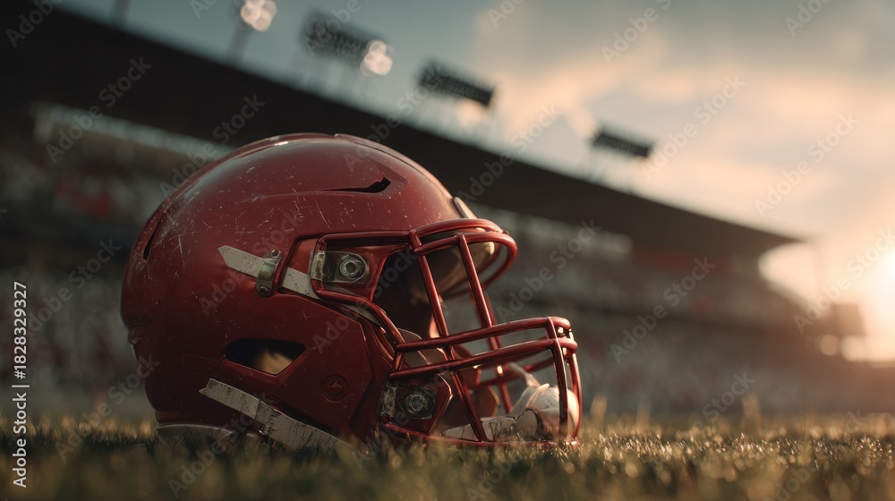 Naklejka premium American Football Helmet on Field at Sunset Stadium.