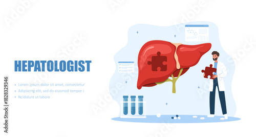Hepatologist concept. Evidence based therapy for chronic hepatitis, cirrhosis, or hepatocellular carcinoma. Vector illustration in flat cartoon style.