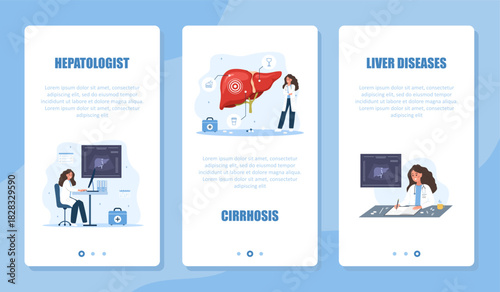 Hepatology banner set. Liver disease set. Medical examination and therapy by hepatologist for diagnosis and prevention. Vector design.