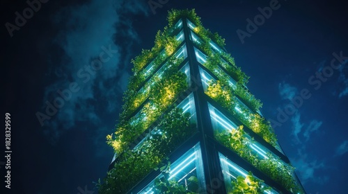 Green vertical farming tower illuminated at night in the city