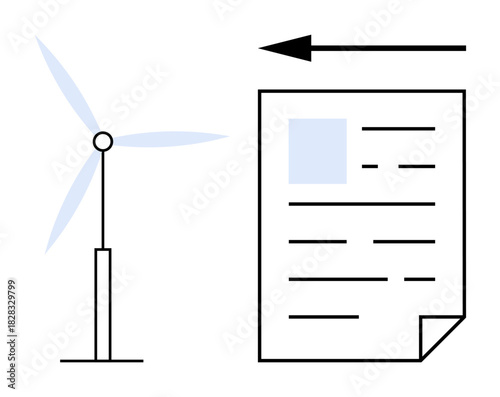 Wind energy concept. Wind turbine alongside a document s renewable energy and sustainability initiatives. Wind energy promotes eco-friendly technologies in documentation. For green energy