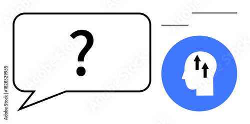 Thinking process. Thinking concept with a speech bubble containing a question mark and a head icon with arrows, brainstorming and problem-solving. For education, decision-making, analysis