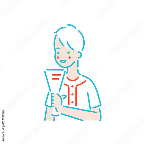 メガホンを持って野球の応援をしている男性のイラスト 水色の線画