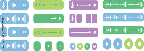 Audio UI icon set, colorful recording and playback interface elements, waveform, control button, and sound design graphics