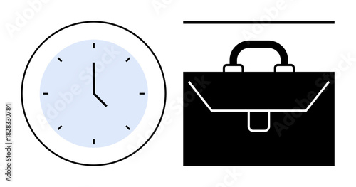 Clock displaying time next to a briefcase emphasizing balance, work-life harmony, and effective scheduling. Ideal for productivity, efficiency, planning, business, workplace discipline, management