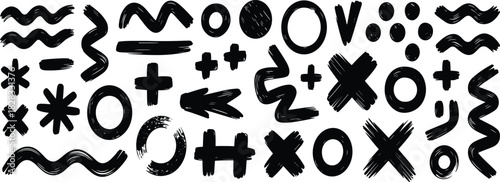 Brushstroke symbol icon set, expressive hand-drawn shapes, abstract marks, arrows, and graphic elements for creative design