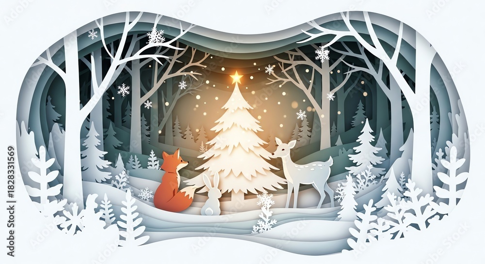 Naklejka premium A serene winter forest diorama crafted in a digital paper art style, featuring a friendly fox and deer beside a luminous Christmas tree