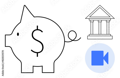 Piggy bank with dollar sign symbolizes savings bank building stands for financial institutions video icon signifies digital banking and online services. Ideal for finance, savings, investment
