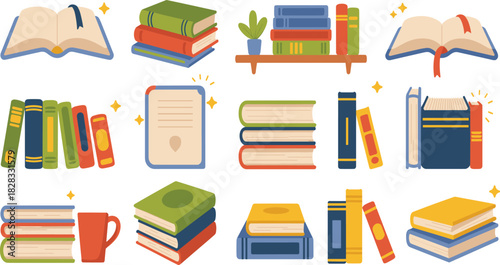 Colorful book icon set, reading and study illustration, educational library symbols, creative learning design, school and literature graphic