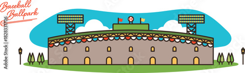 レトロな雰囲気の野球スタジアムの外観イラスト