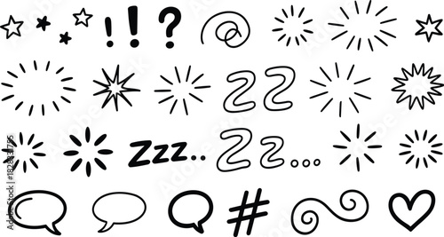 Comic-style symbol icon set, expressive black-and-white cartoon graphics, punctuation and emotion marks, graphic novel design elements