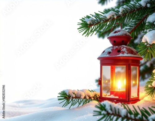 Festive red lantern casting a warm glow amidst snow-covered pine branches, evoking a cozy winter holiday atmosphere