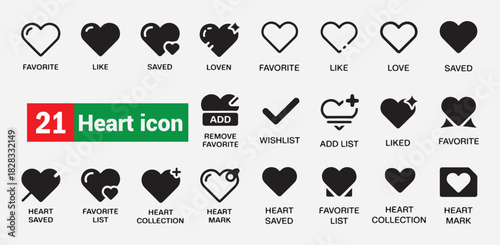Heart icon set with various states like favorite, like, saved, add, and remove actions for UI UX