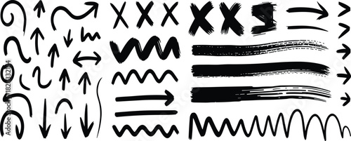 Hand-drawn arrow and brushstroke icon set, expressive black sketch elements, annotation and graphic design illustration