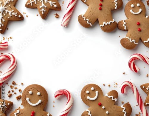 Festive Christmas frame of gingerbread men and candy canes with copy space on a white background
