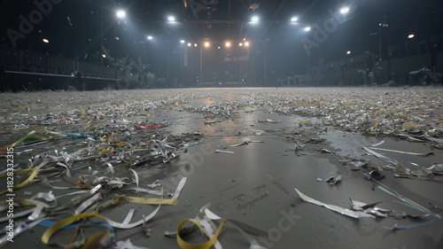 Wide-angle photo of empty concert venue floor aftermath, covered in chaotic trampled confetti, paper banners, and muddy debris illuminated by desolate harsh house lights.