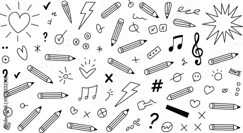 Hand-drawn doodle icon set, black vector symbols of pencils, hearts, stars, notes, speech bubbles, and marks