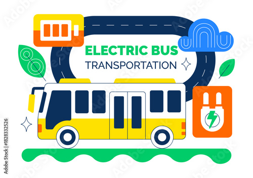 Electric Bus Transportation Illustration Featuring an Electric City Bus Charging at a Power Station with an Environmentally Friendly Public Vehicle