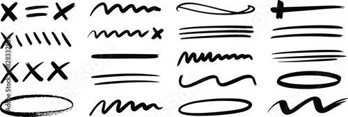 Hand-drawn ink mark icon set, expressive sketch strokes and symbols, black graphic emphasis and correction elements