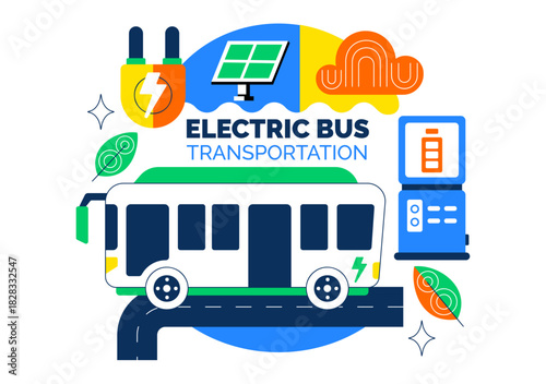Electric Bus Transportation Illustration Featuring an Electric City Bus Charging at a Power Station with an Environmentally Friendly Public Vehicle