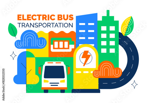 Electric Bus Transportation Illustration Featuring an Electric City Bus Charging at a Power Station with an Environmentally Friendly Public Vehicle