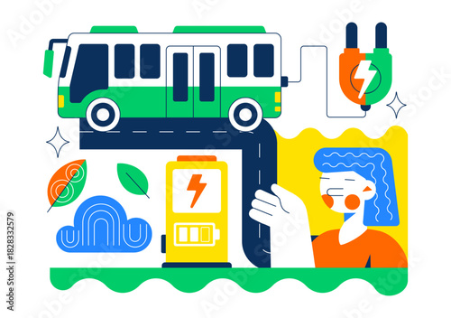 Electric Bus Transportation Illustration Featuring an Electric City Bus Charging at a Power Station with an Environmentally Friendly Public Vehicle